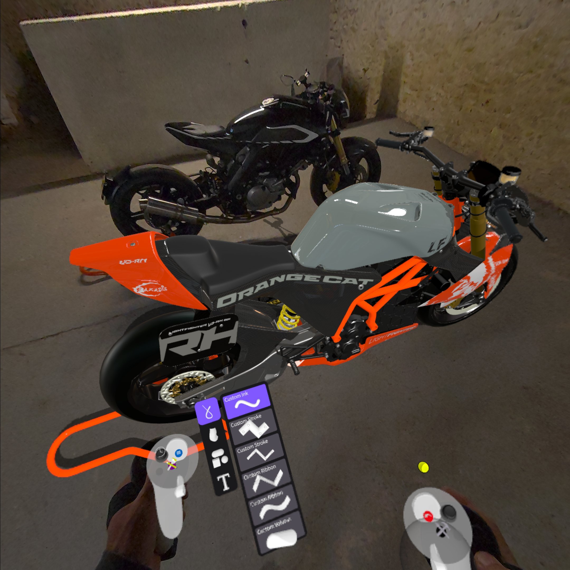 The naked V3-RH Super Hooligan under construction inside Gravity Sketch — VR controllers in hand, the exposed orange trellis frame taking shape.