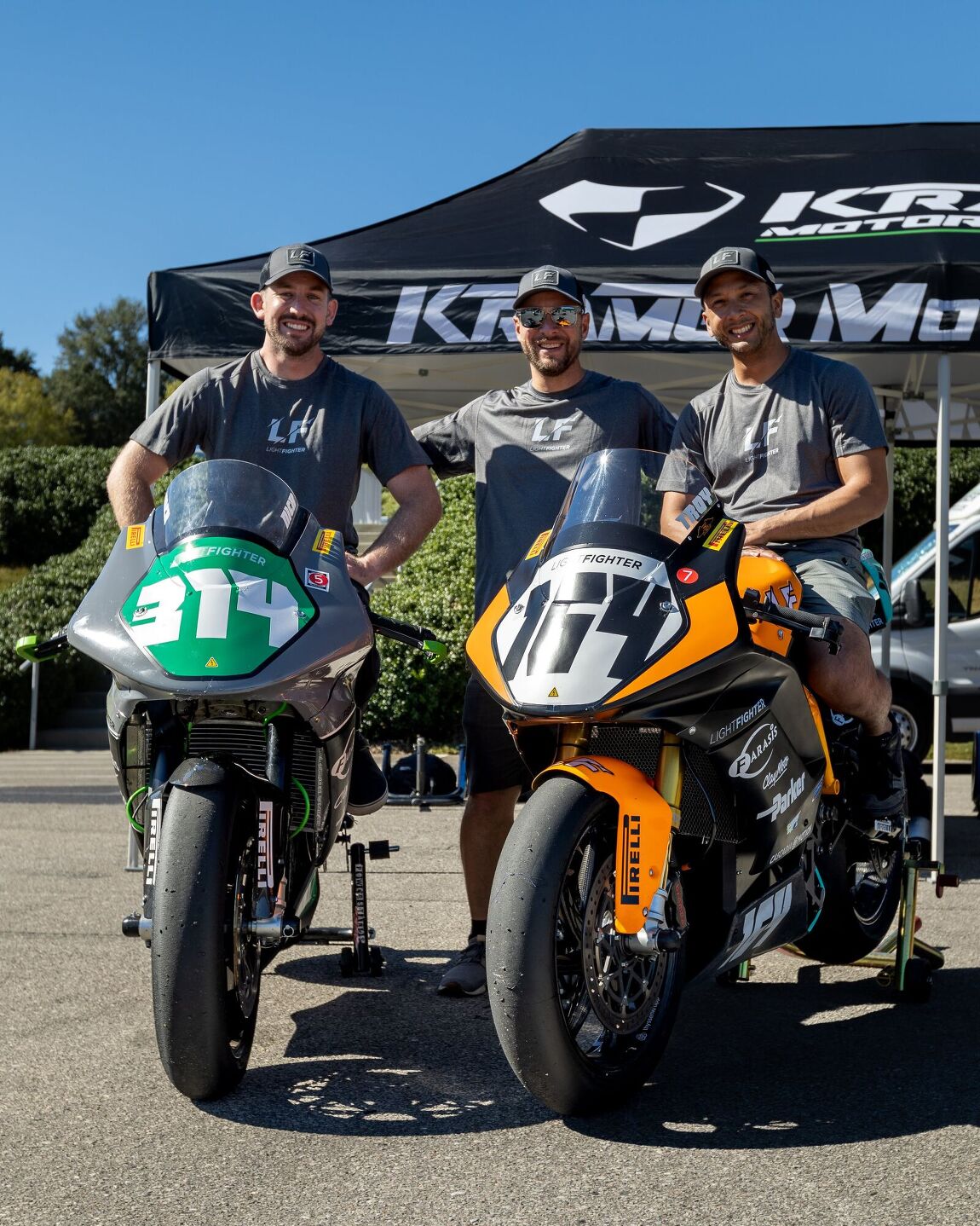 Brian Wismann (left) with the Lightfighter Racing team and the V3-RH Super Hooligan